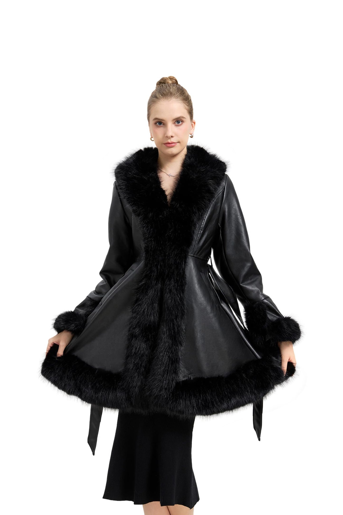 GRAN ORIENTE Women's Faux Leather Long Trench Jacket with Faux Fur Collar, Winter Warm Lined Trim Parka Coat with Belt (GK166 Black M)
