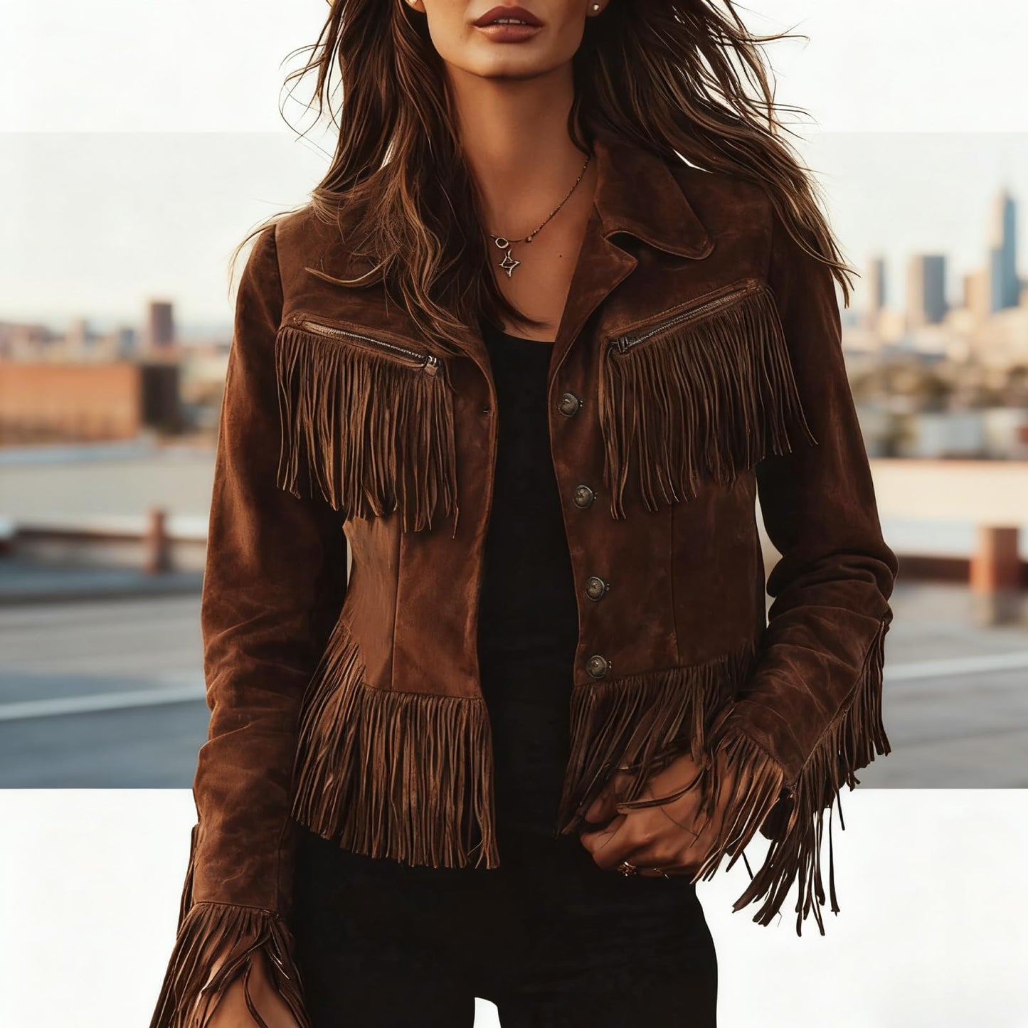 Women's Faux Suede Jackets 2026 Vintage Cowgirl Western Fringe Jacket Long Sleeve Tassel Motorcycle Short Fringe Jacket Cropped Coat Outwear-M