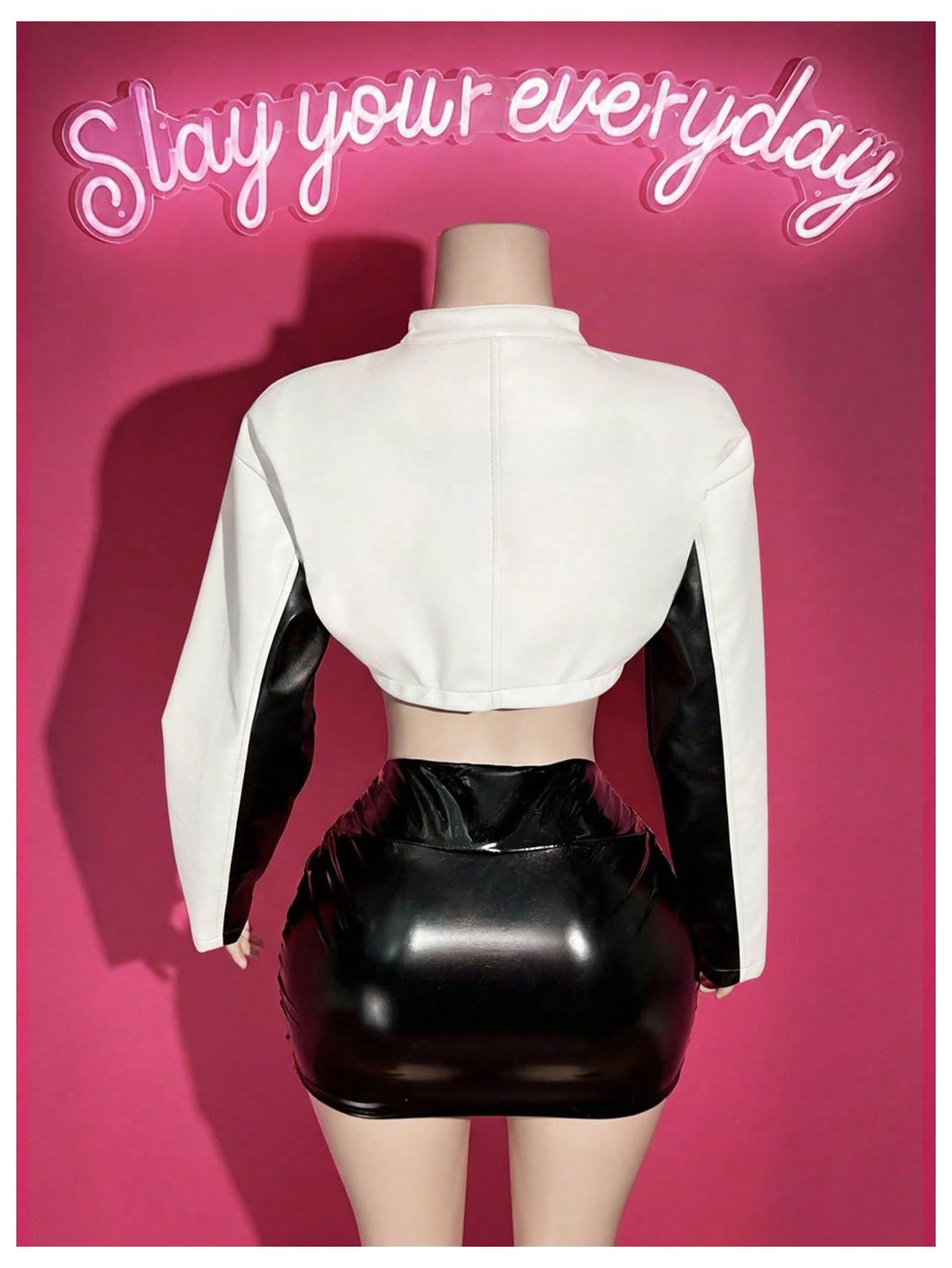 GORGLITTER Women's PU Leather Cropped Jacket F1 Racer Varsity Jacket Zip Up Color Block Graphic Motorcycle Biker Coats White Large