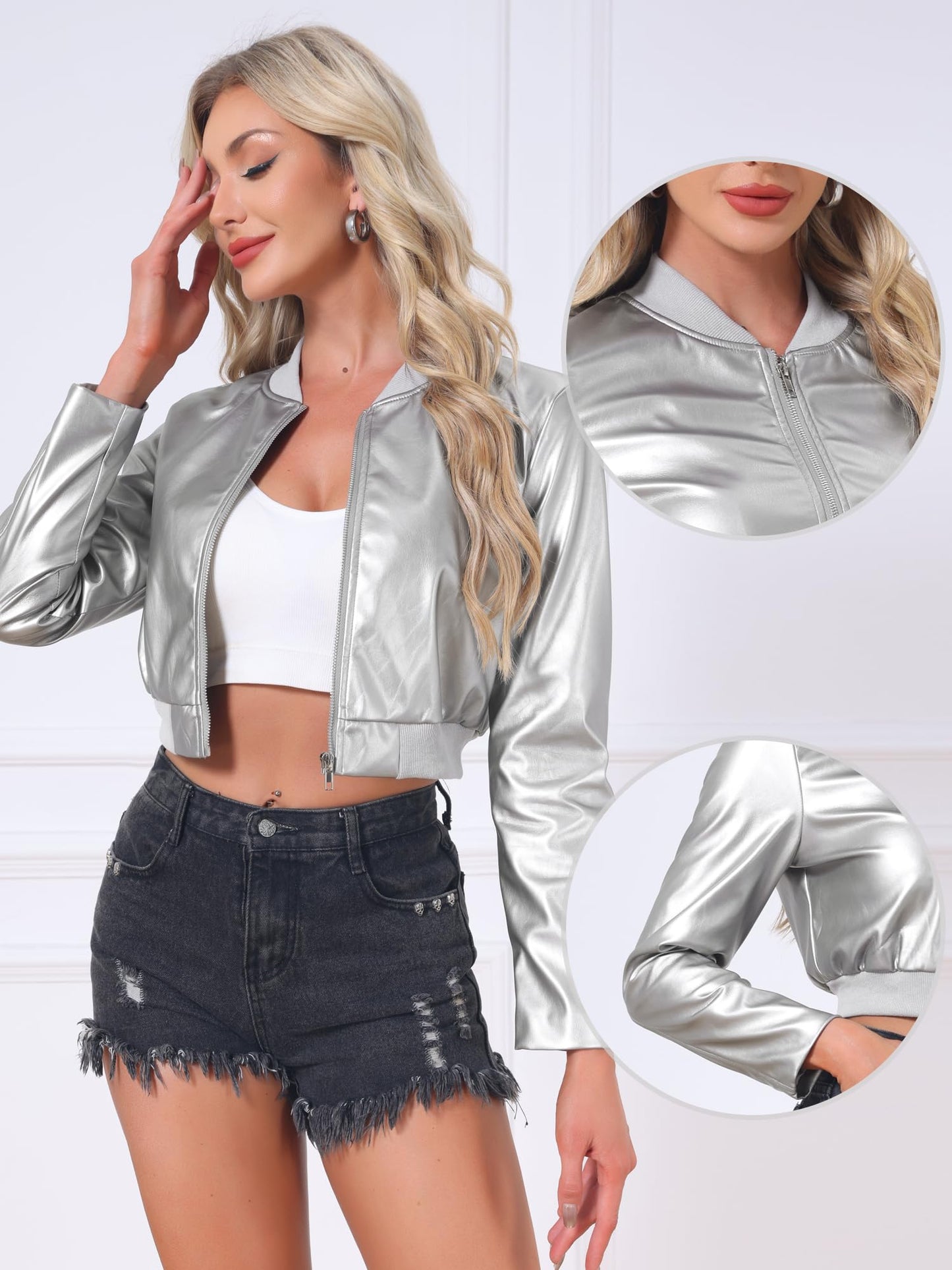 Allegra K Faux Leather Bomber Jacket for Women Casual Zip Up PU Moto Biker Motocycle Cropped Jackets Medium Silver