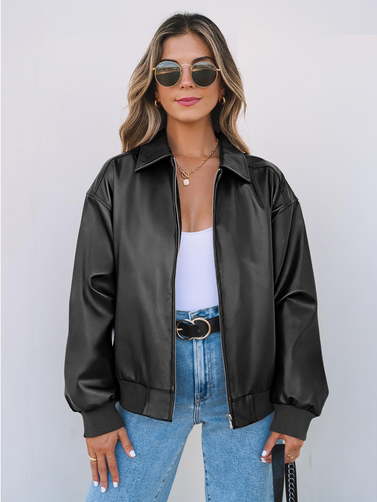 MEROKEETY Women's Oversized Faux Leather Jacket Fall Winter Zip Up Motorcycle Coats Fashion Outfits Clothes 2025, Black, Medium