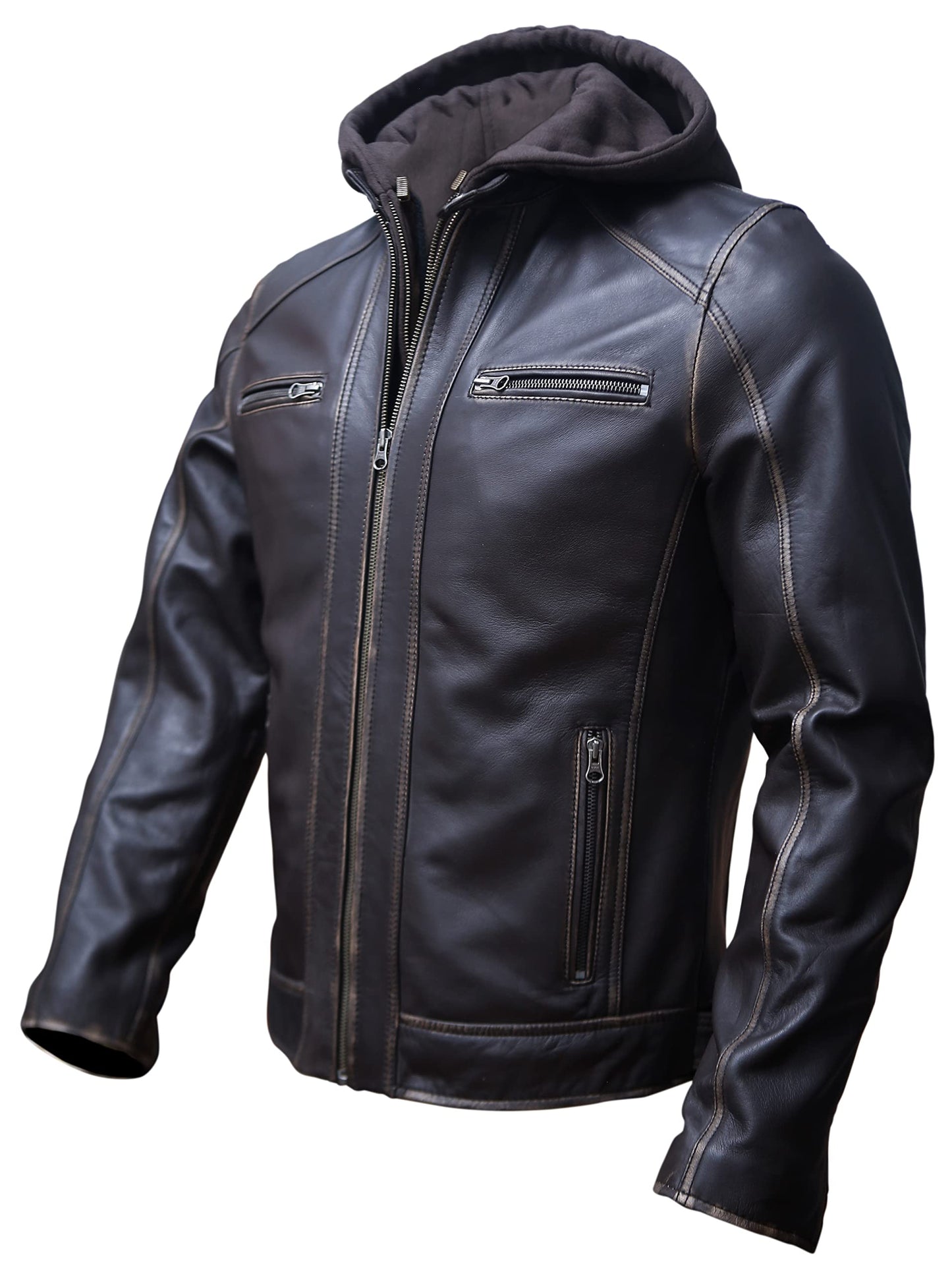 Artistry Mens Genuine Lambskin Leather Motorcycle Jacket with Removable Hood in Black Brown (Large, Distressed Brown)