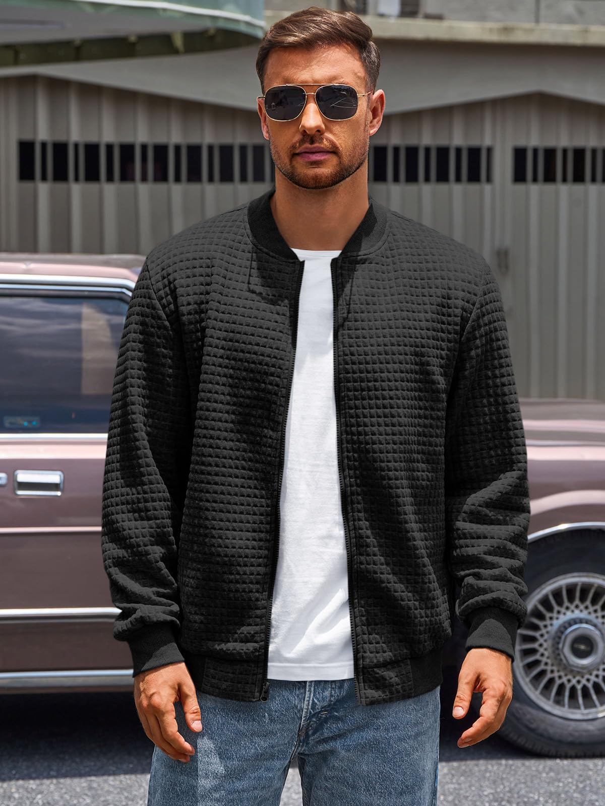 Runcati Mens Bomber Jacket Casual Lightweight Varsity Jackets Waffle Coat