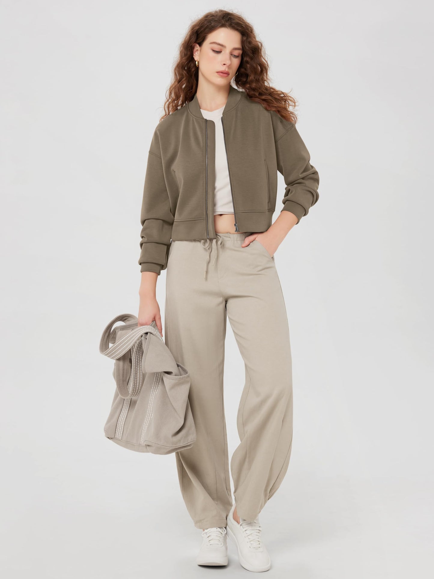 ODODOS Modal Soft Full-Zip Bomber Jacket for Women Long Sleeve Casual Fall Outfit Crop Top with Pockets, Espresso, X-Small
