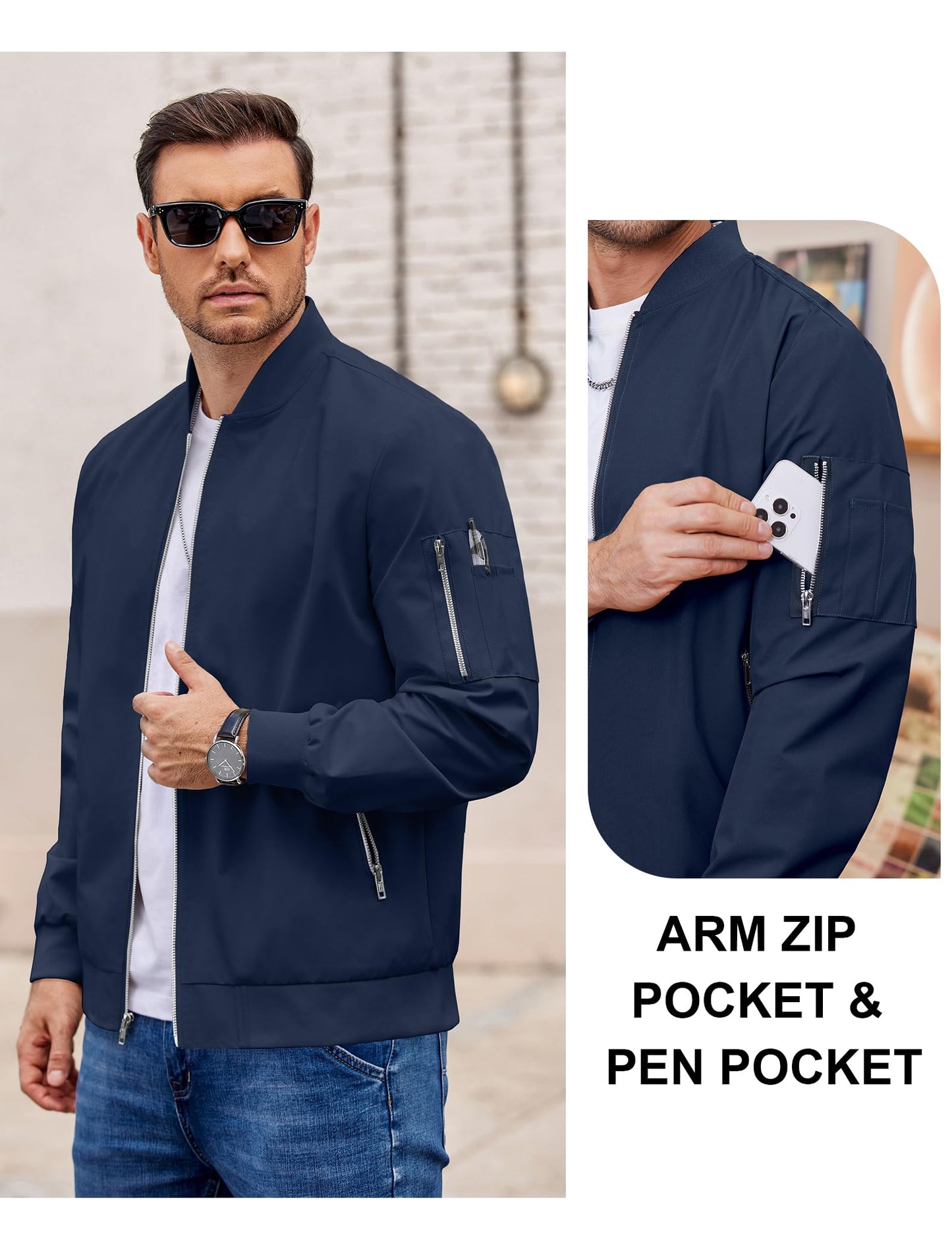 COOFANDY Men Jacket Casual Lightweight Polyester Bomber Jackets Blue Zip Up Stylish Windbreaker For Work Daily Wear 3XL