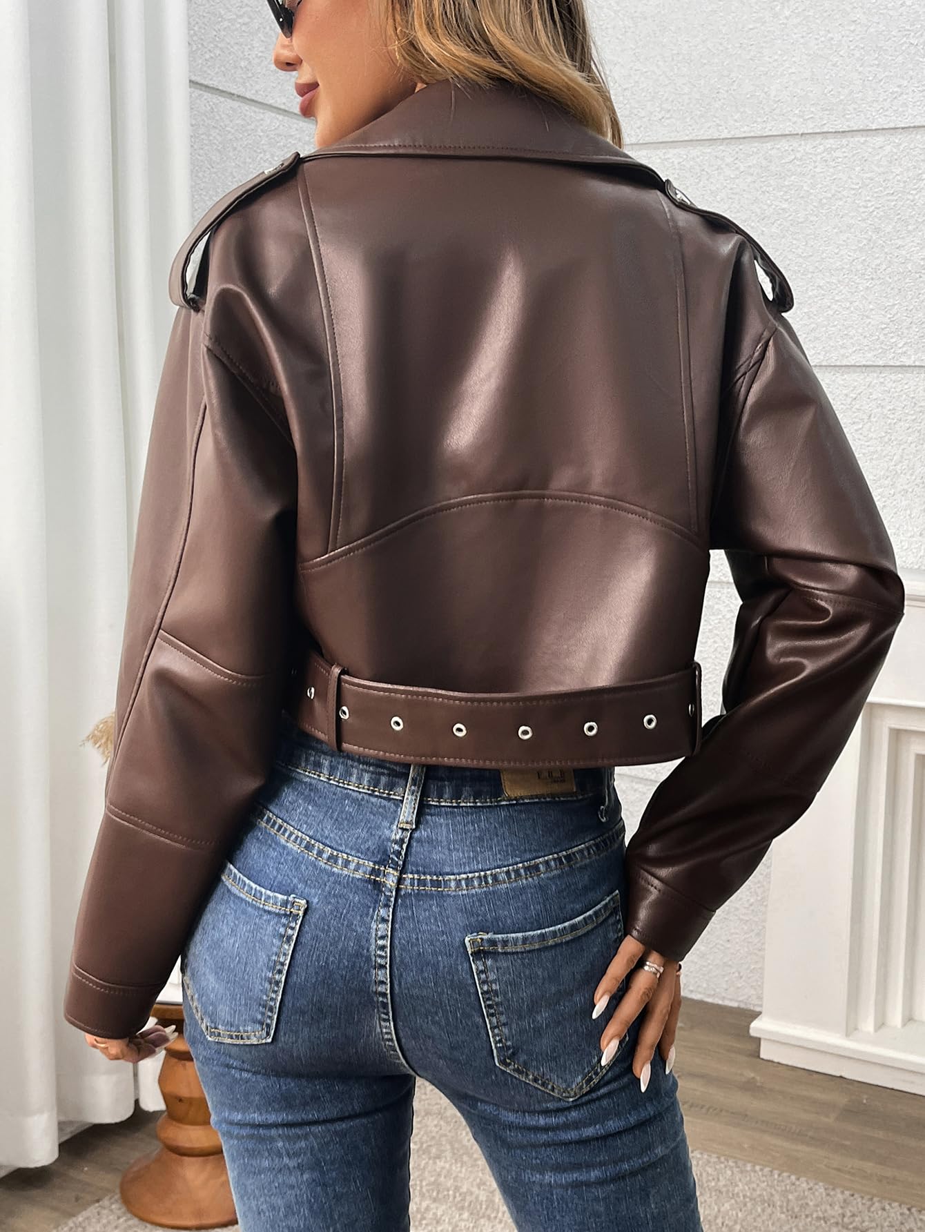 LY VAREY LIN Women Faux Leather Cropped Jacket Vegan Motor Biker Coat with Belt
