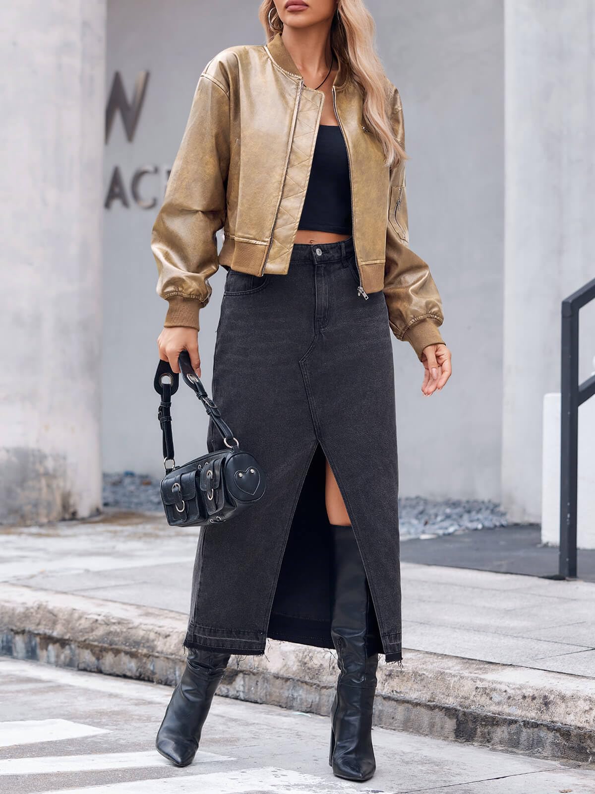Cicy Bell Womens Faux Leather Bomber Jackets Baseball Collar Zip Up Cropped Biker Coat with Pockets