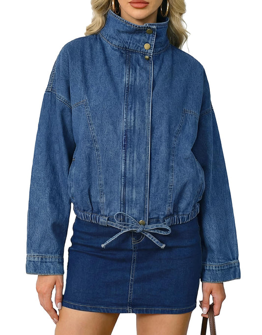 Ladyful Women's Oversized Jean Jacket Boyfriend Denim Bomber Jackets Shacket Long Sleeve Casual Trendy Zip Up Shirt Coat(Blue-XL)