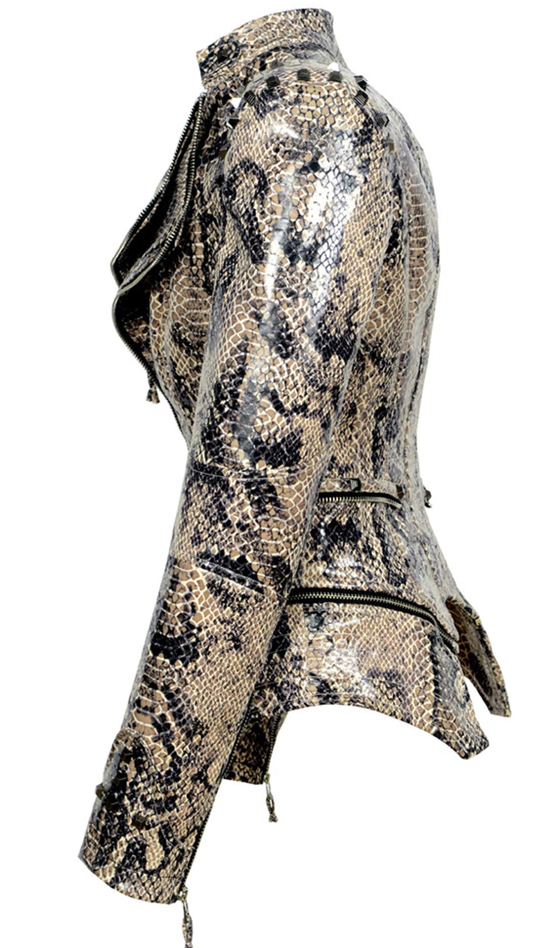 chouyatou Women's Fashion Snake Pattern Print Studded Moto Pu Leather Biker Jacket (Small, Snake-Skin)