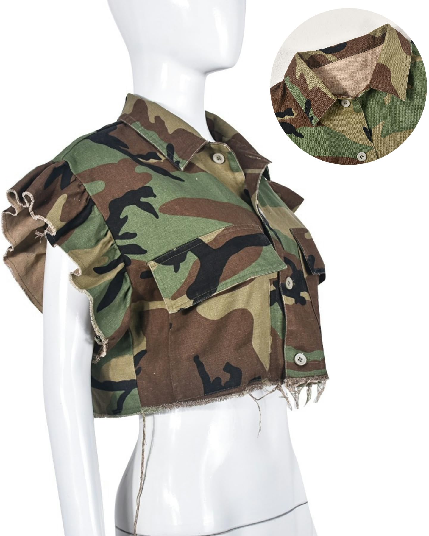 Vaceky Cropped Denim Jacket Women Distressed Camouflage Button Down Shirt Jean Jackets