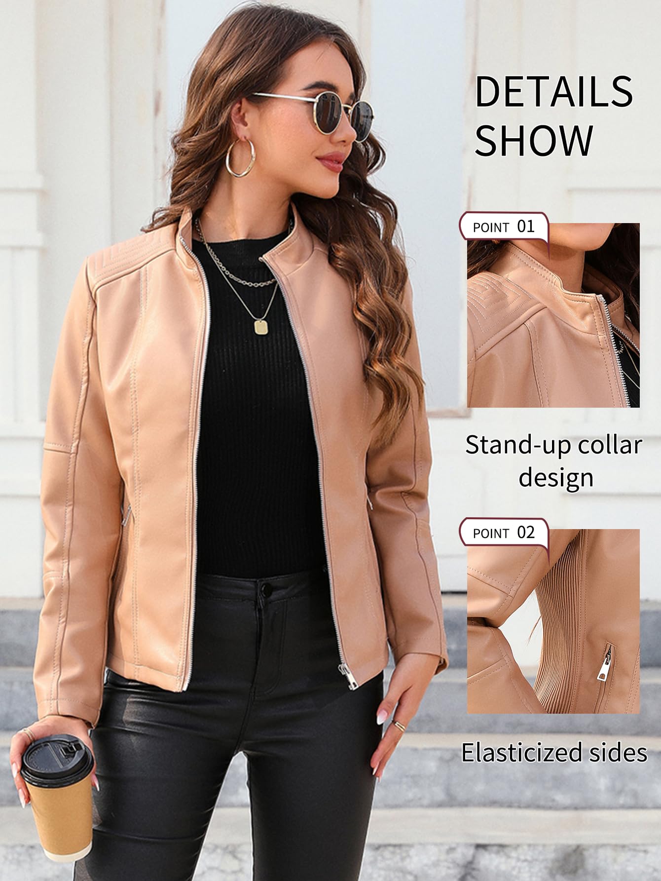 Bellivera Faux Leather Women Motorcycle Stand Collar Jacket Khaki XL