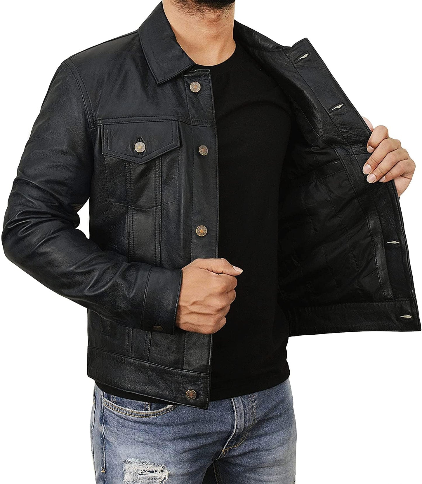 STOREJEES Mens Trucker Jacket - Chaqueta De Cuero Para Hombre | Trucker Black - L