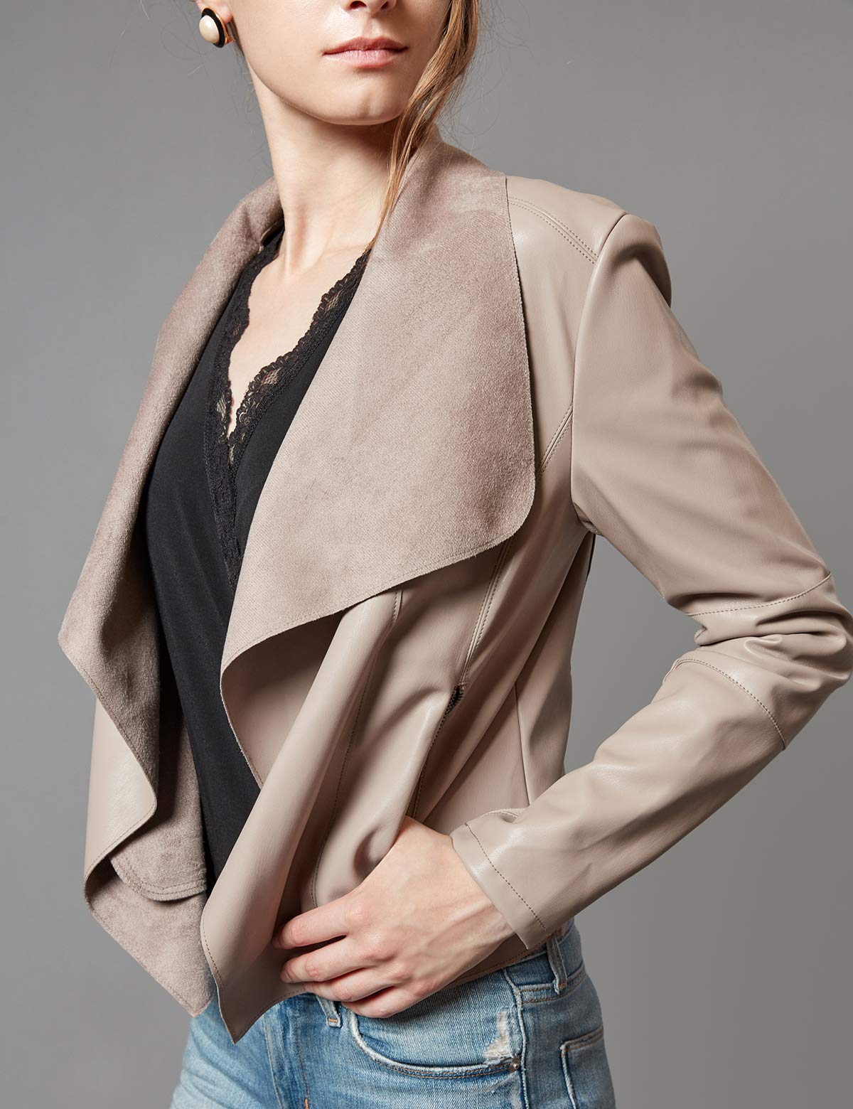 Escalier Women's Faux Leather Jackets Slim Open Front Lapel Blazer Jackets Khaki Large