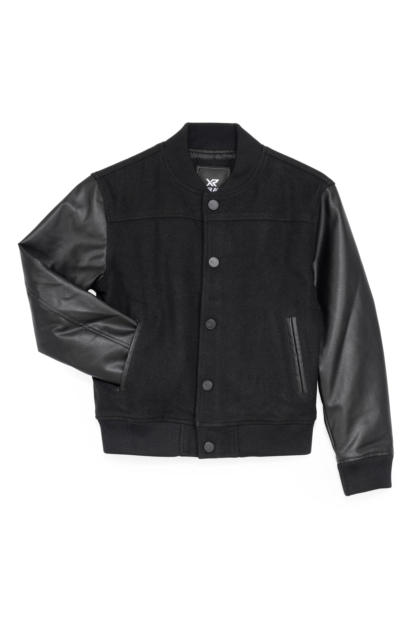 X RAY Boys Outerwear Coat with Faux Leather (S - XL), Wool Varsity Bomber Jacket for Kids W/Grainy PU Sleeves, Black - Varsity, Medium