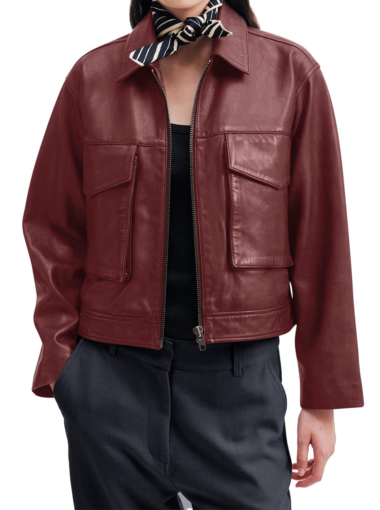 BZB Red Leather Jacket for Women Oversized Zip Up Casual The Fall Fashion Bomber Jacket Pockets Cropped Moto Jacket Woman Wine Red XL