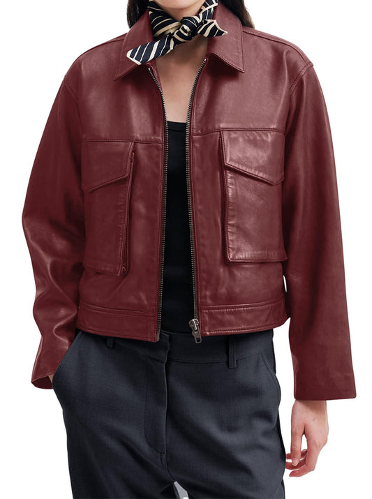 BZB Red Leather Jacket for Women Oversized Zip Up Casual The Fall Fashion Bomber Jacket Pockets Cropped Moto Jacket Woman Wine Red XL