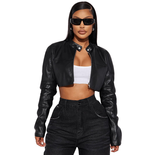 Charyeah Women's Fashion Faux Leather Jacket Crop Short Cropped PU Slim Zip Up Moto Biker Coat Motorcycle Jackets Coat (US, Alpha, Small, Regular, Regular, Black)