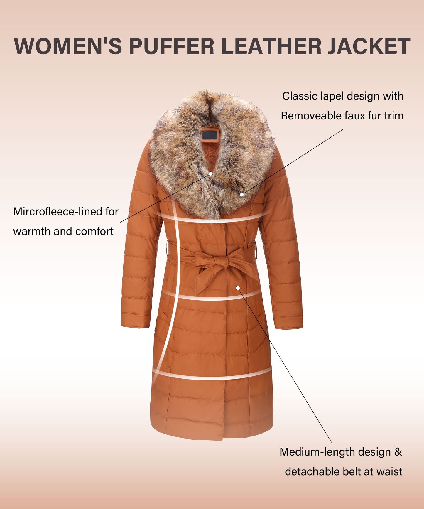 Bellivera Women's Winter Puffer Jacket Cold resistant patchwork plush lining Coat with Removable Fur Collar Hooded and Belted 5528CAMELS