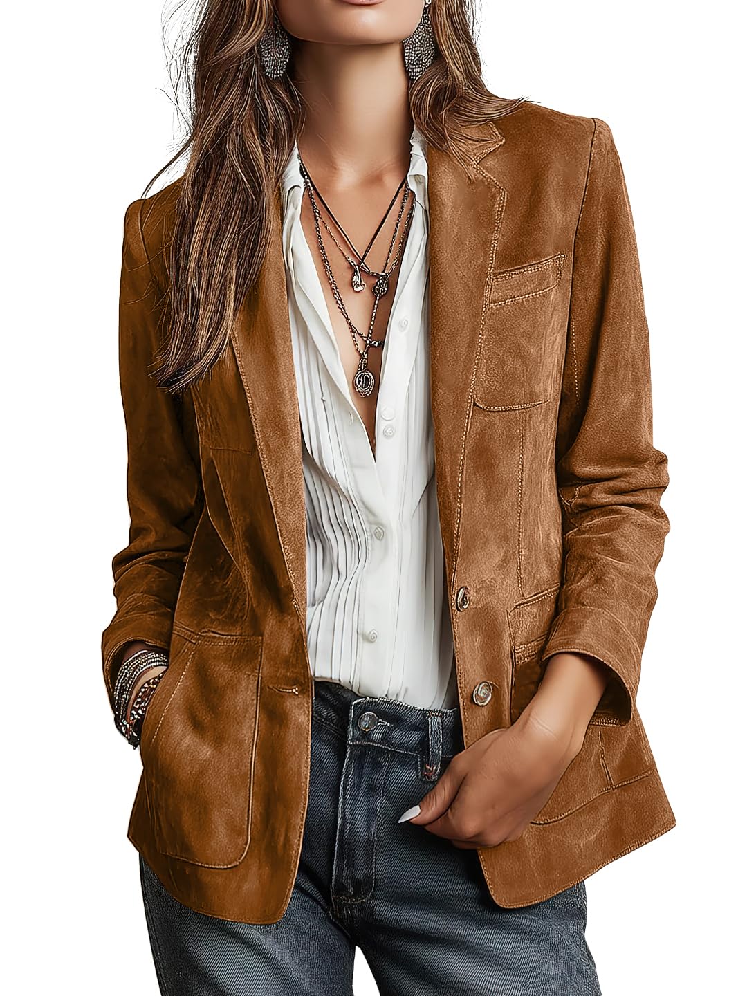 chouyatou Women's Retro Faux Suede Leather Blazer Jacket Notched Collar Work Dressy Business Casual Coat (Meidum,Brown)