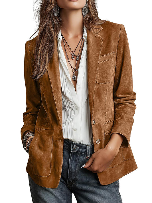 chouyatou Women's Retro Faux Suede Leather Blazer Jacket Notched Collar Work Dressy Business Casual Coat (Meidum,Brown)