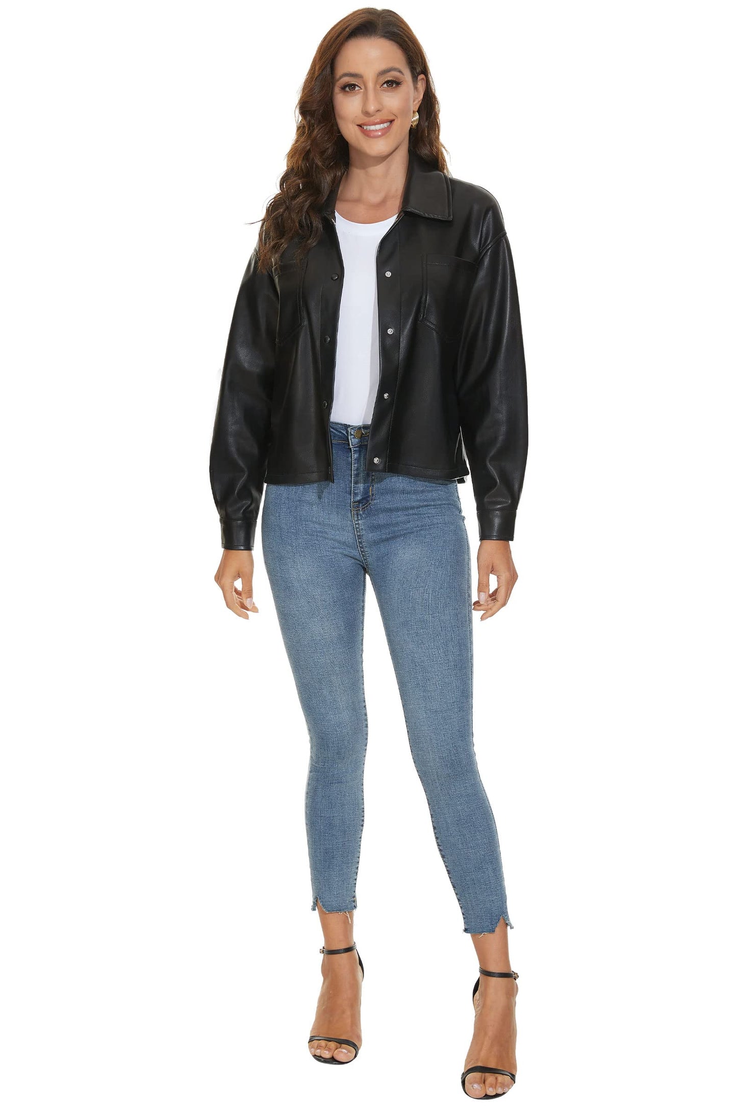 Fahsyee Women Faux Leather Blazer, Moto Biker Short Shirts Loose Fit Shacketwith Long Sleeves Button Casual Jacket Black Plus Size L