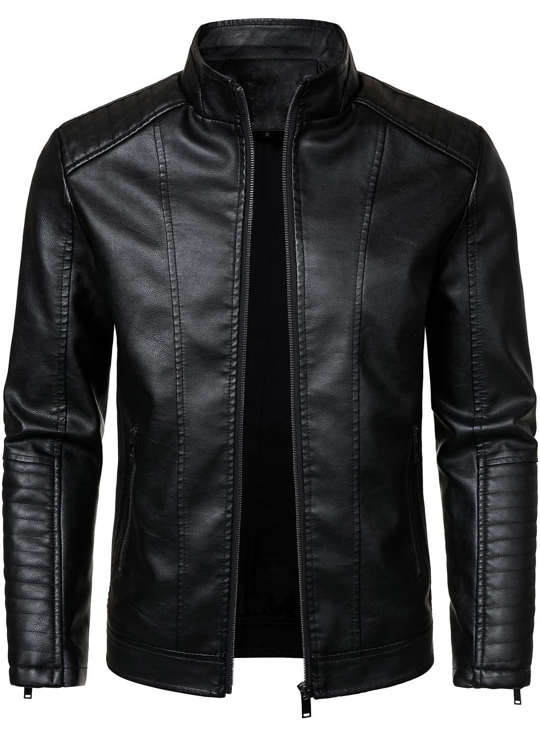 HOOD CREW Men’s Stand Collar Leather Jacket Motorcycle Jackets Faux Leather Biker Coats Lightweight Outwear Black L
