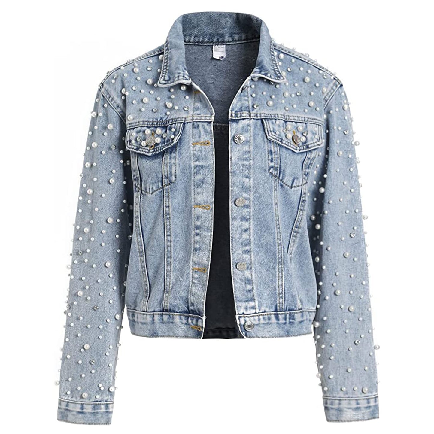 LifeShe Womens Pearls Denim Jacket Cropped Rhinestones Jean Jacket Coat