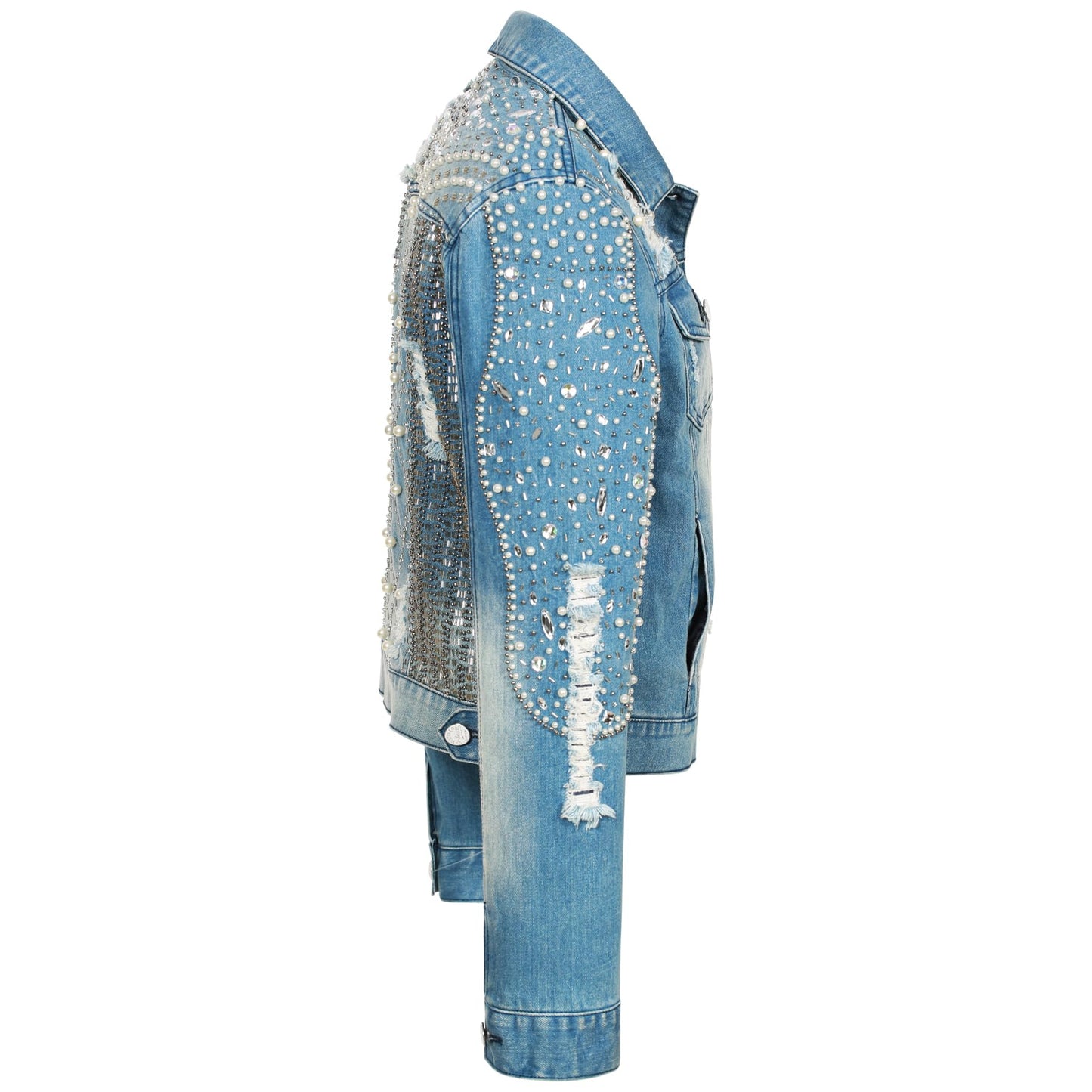 Fashion SX Women's pearl denim jacket, handmade beaded short bridal sequin jacket, motorcycle bicycle jacket(XL-Blue)
