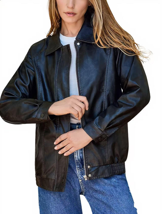 Women's Oversized Faux Leather Bomber Jacket, Zip Up Motorcycle Street Coat
