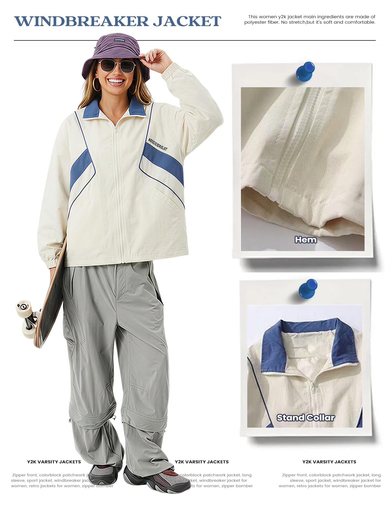Wyeysyt Women Windbreaker Jacket Y2k Varsity Oversized Jacket(02White-L)