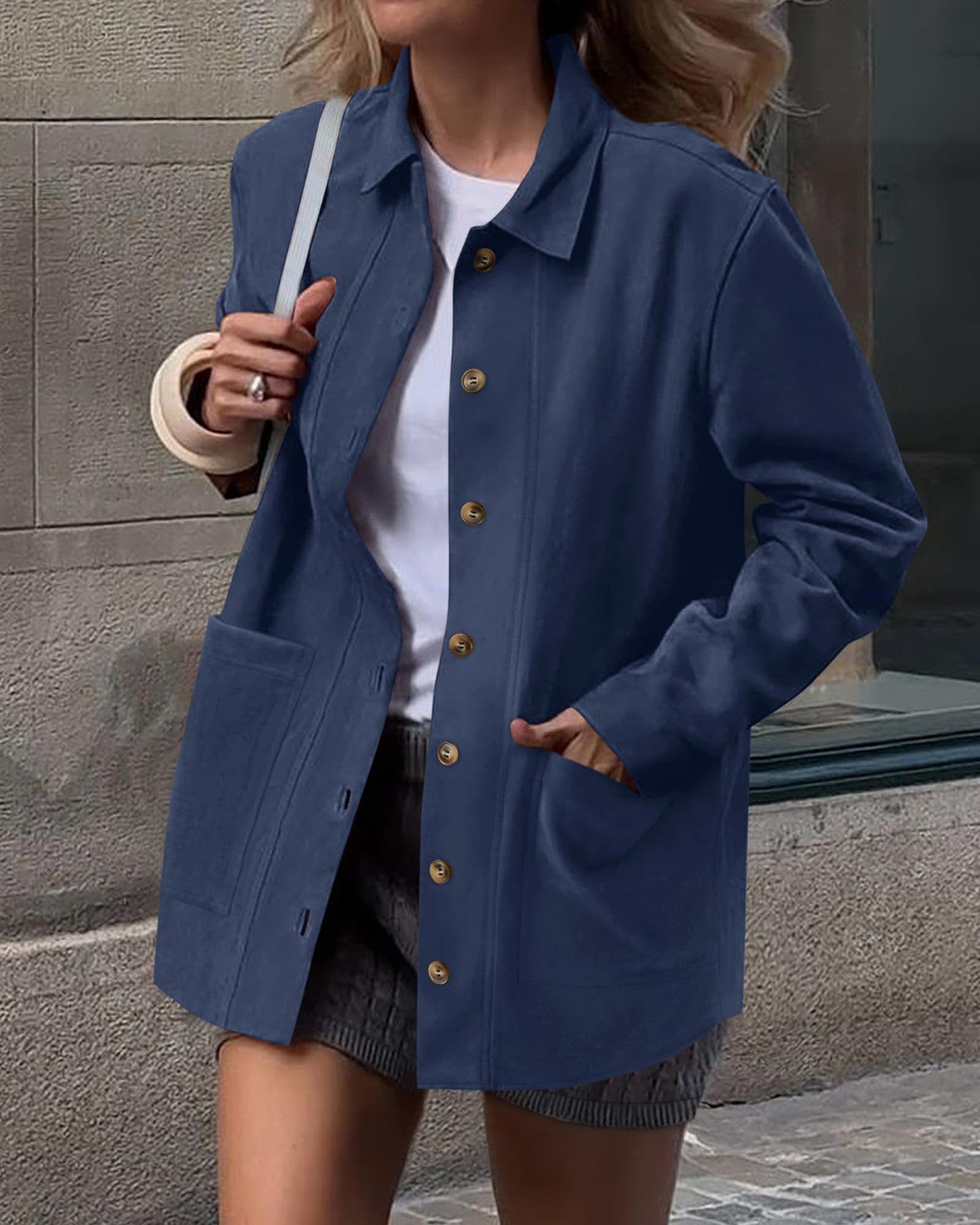 BTFBM Faux Suede Jacket Women Fall Fashion 2026 Leather Jackets Long Sleeve Button Down Winter Coats Shackets Outerwear(Navy Blue, Large)