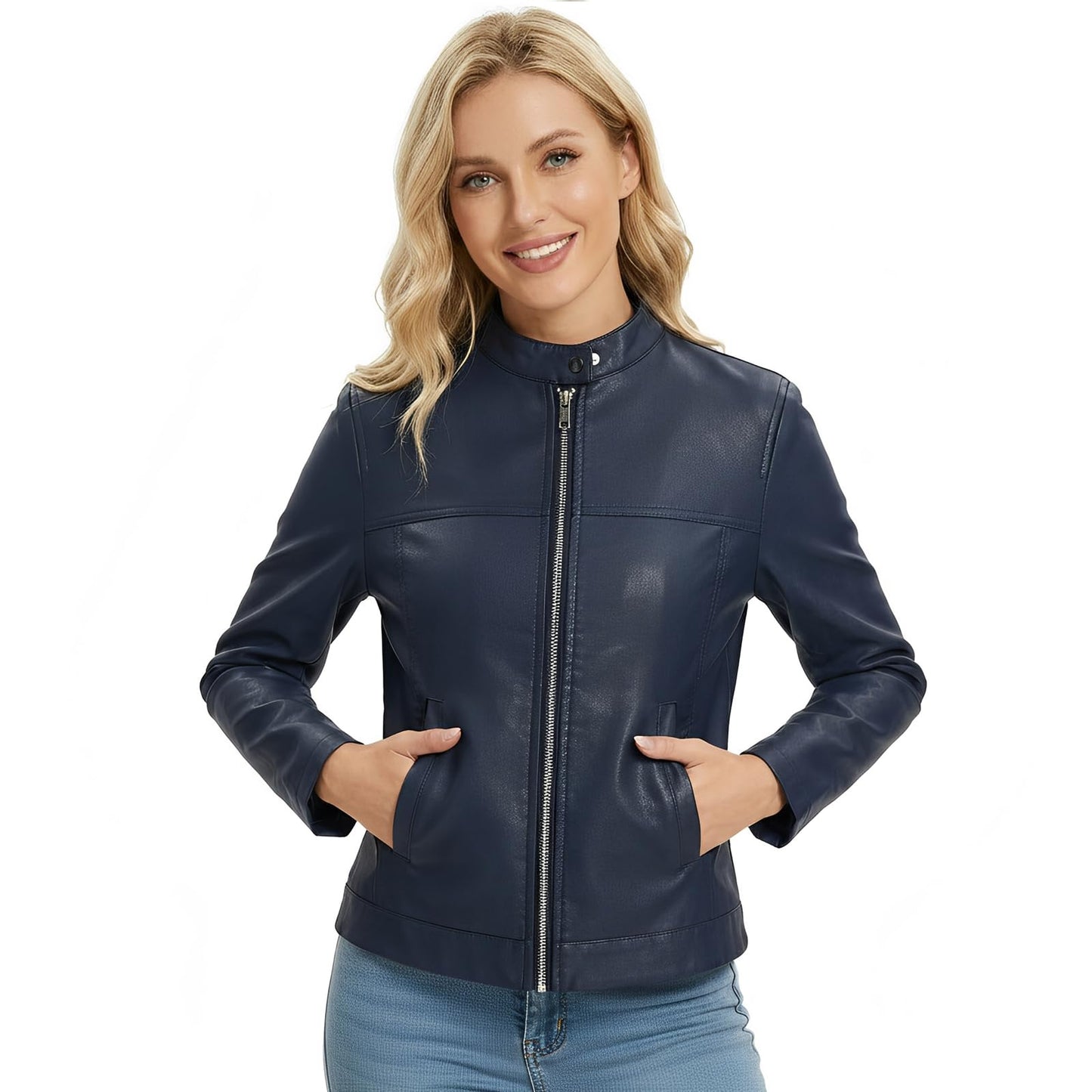 CHIGUO Women's Faux Leather Motorcycle Jacket Casual Zip-Up Biker Trendy Coat with Pockets
