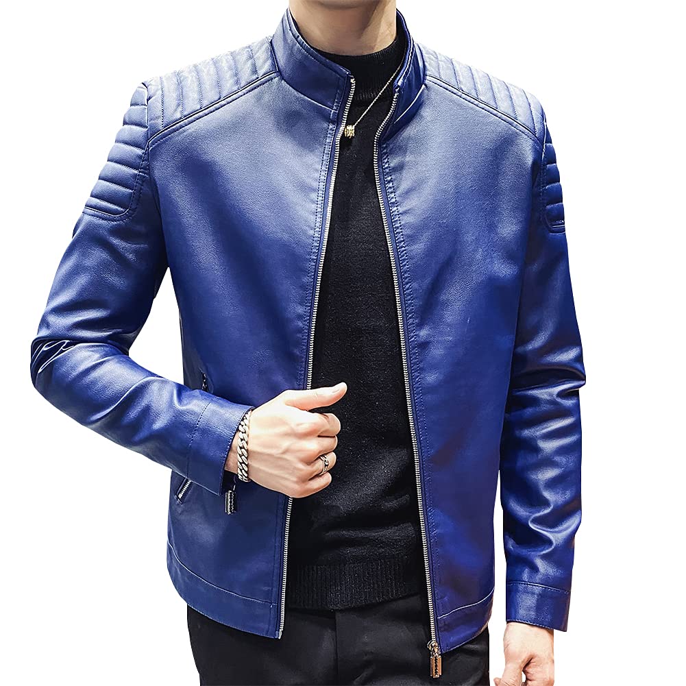 Womleys Mens Casual Stand Collar Slim Fit Faux Leather Jacket Biker Motorcycle Jacket (X-Blue, Medium)
