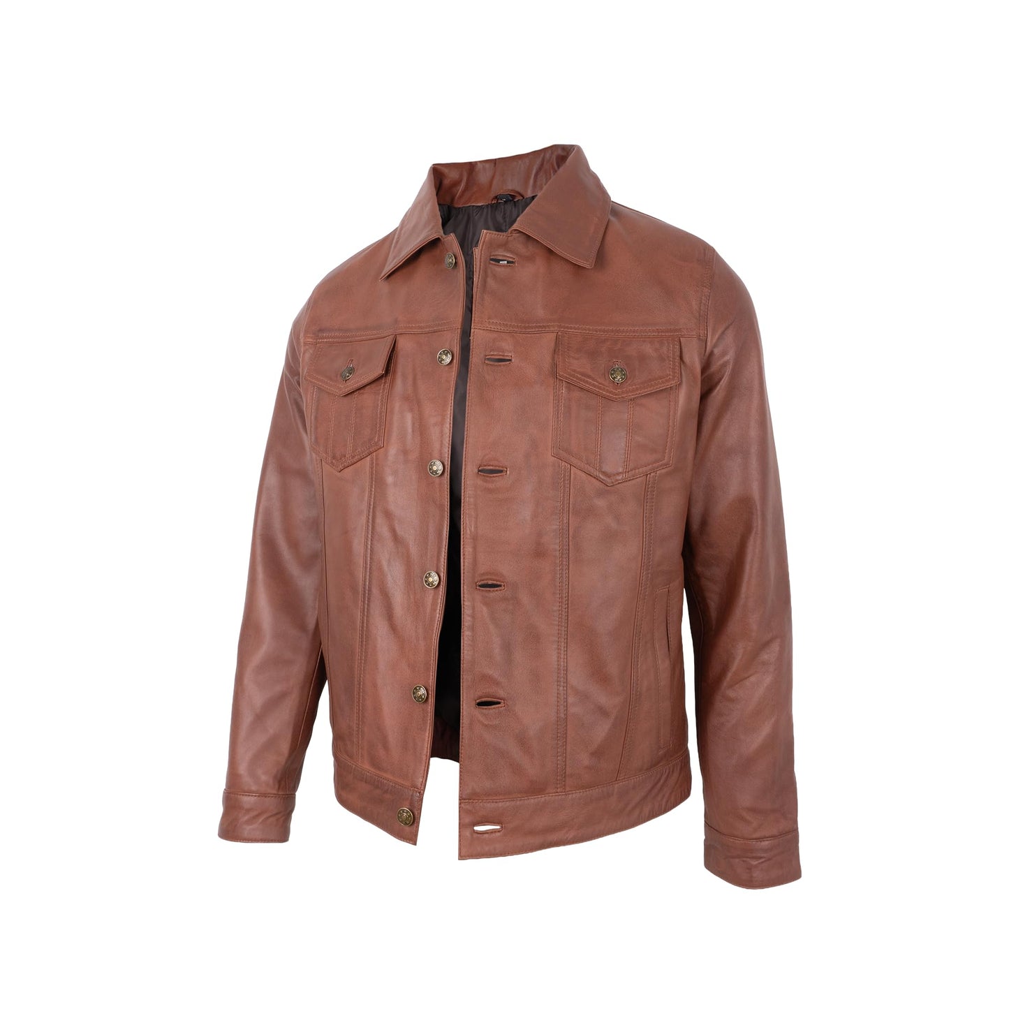 UrbanFocal Brown Leather Jacket Men - Real Lambskin Trucker Style Vintage Leather Jackets | [101002503] F.Trucker Cognac, M