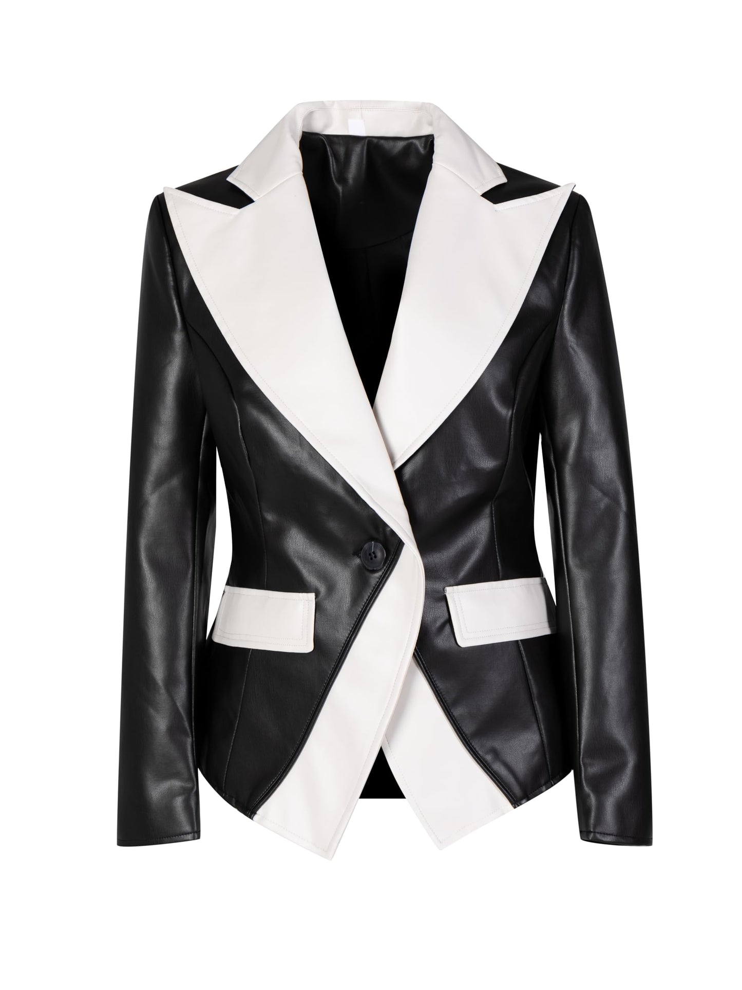 SS-Sunrise Fashion Women's PU Faux Leather Blazer Jacket, Black and White Color Block, Single Button, Notched Lapel, Medium