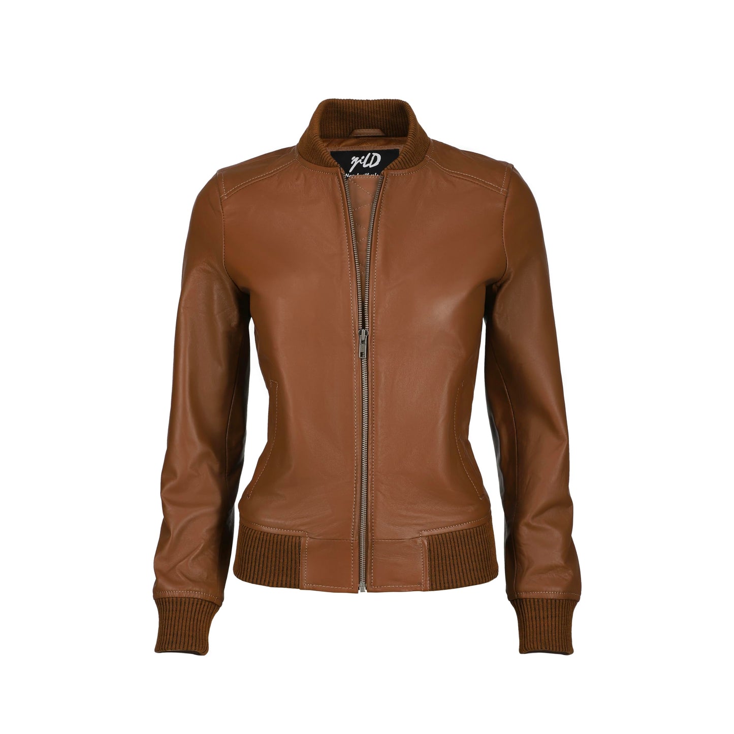 Jild Classical Zip Up Bomber Jacket Women - Casual Fashion Lightweight Moto Biker Windbreaker Zipper Real Leather Jacket Women (BW-Cog-M)
