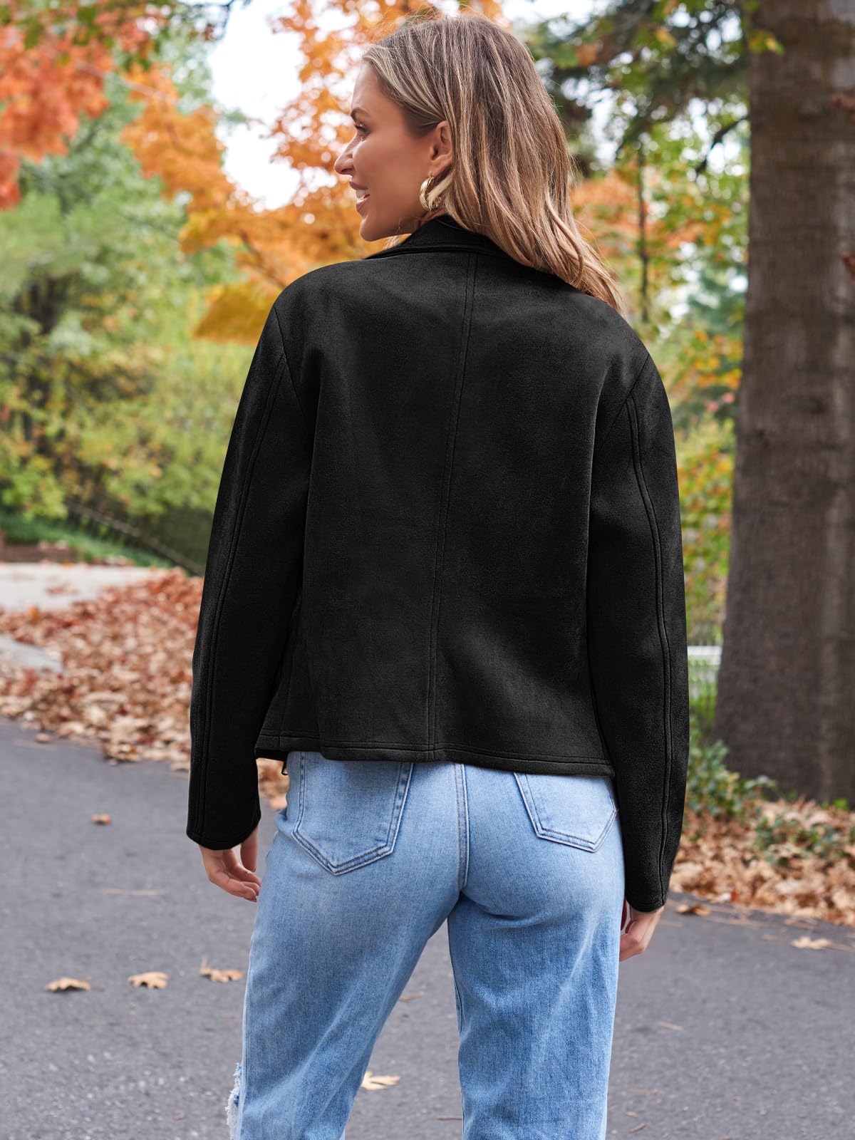 AUTOMET Women's Faux Suede Leather Jacket Cropped Open Front Cardigan Buttery Soft Lightweight Fall Coat Black S