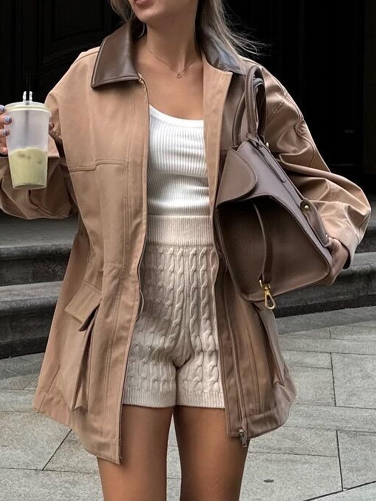 CUFEZN Women's Barn Jacket Faux Suede Leather Collar Utility Jackets Oversized Casual Adjustable Waist Coat with Pockets Khaki Medium