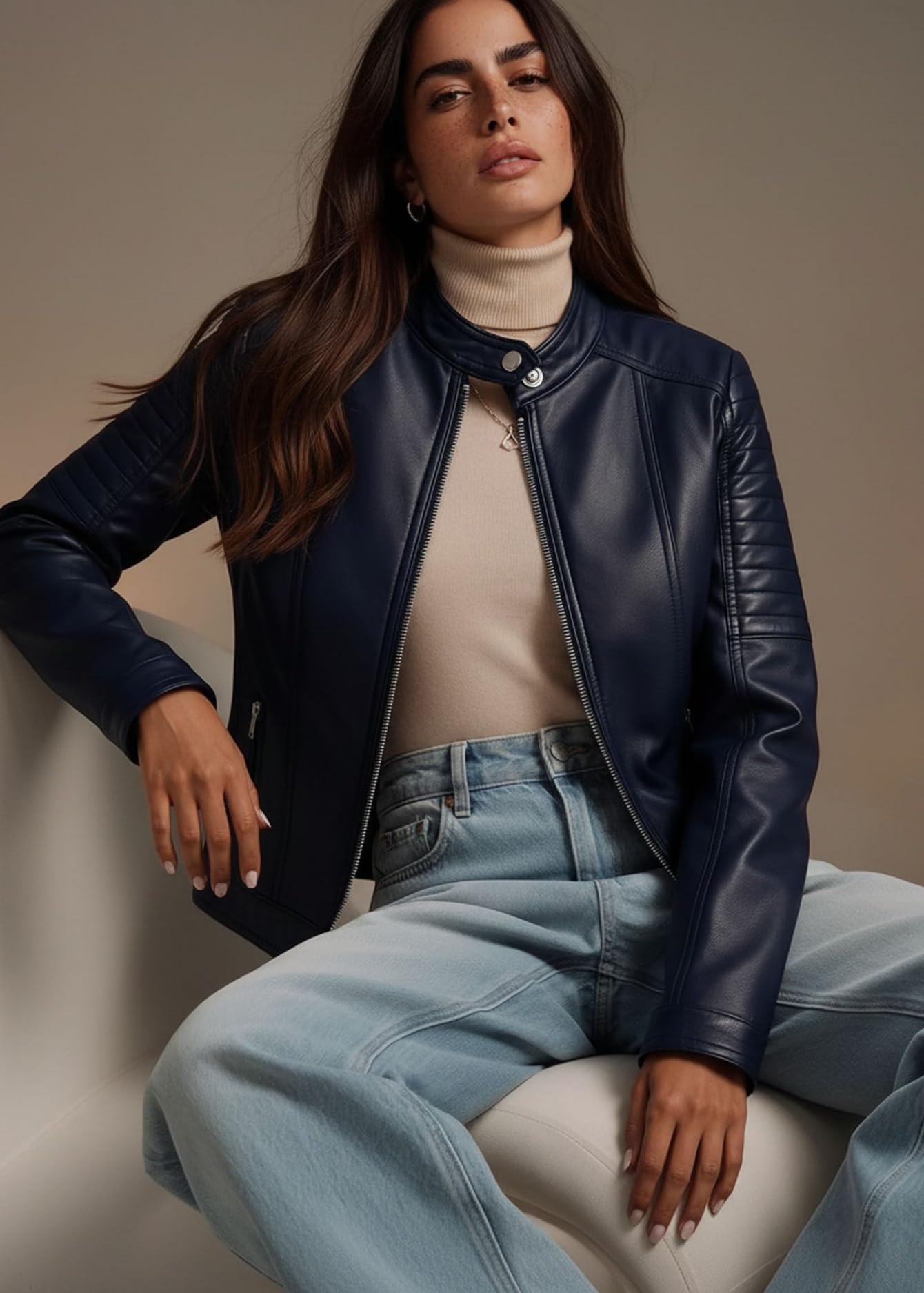 Pallivare Women's Faux Leather Jacket Spring Motorcycle Biker Clothes Outfits Short Fashion PU Slim Coat SKT1308 Dark Blue L
