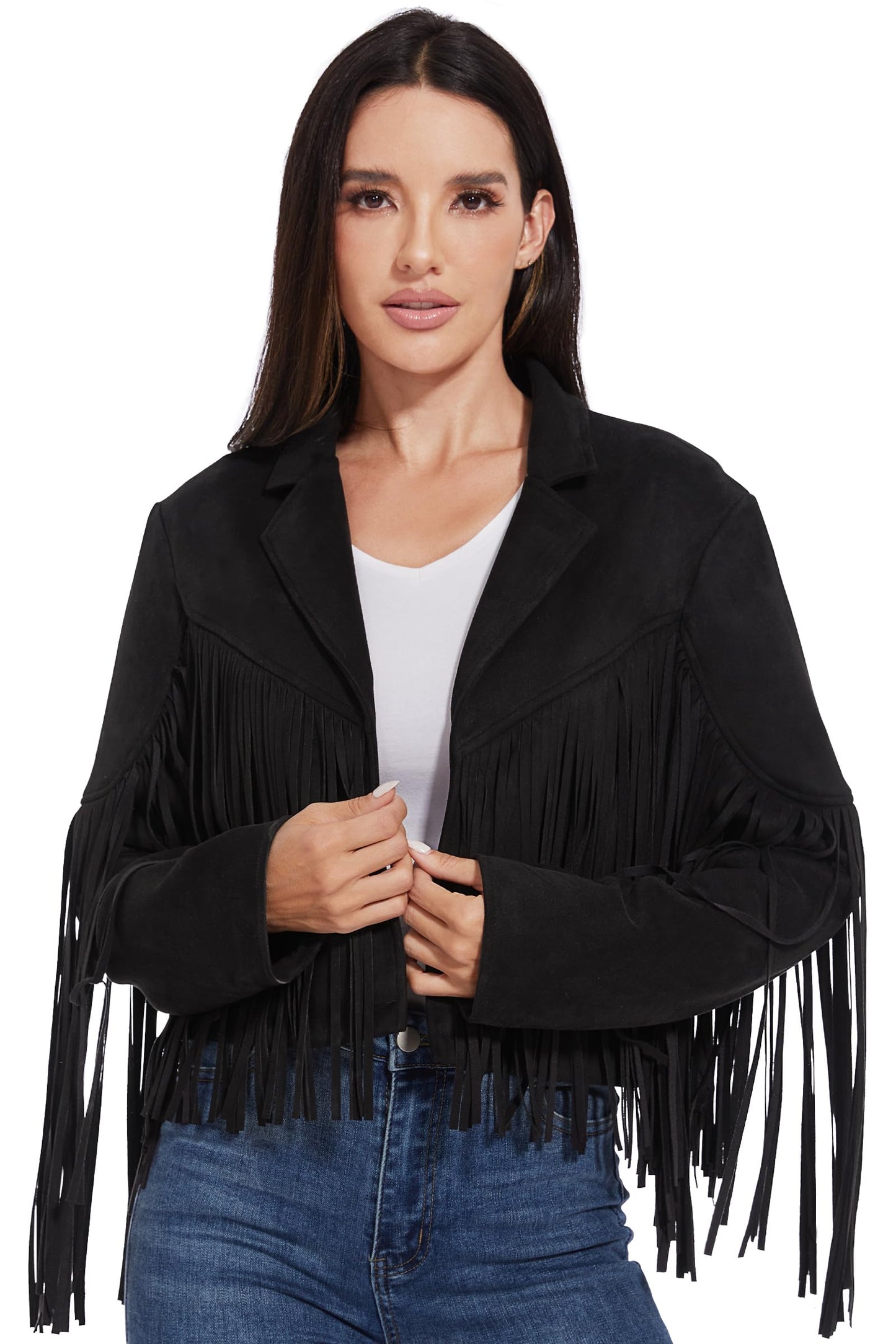 Fahsyee Fringe Leather Jacket Women, Western Cowgirl Outfits for Women Country Concert Wear Suede Cropped Coat Black L
