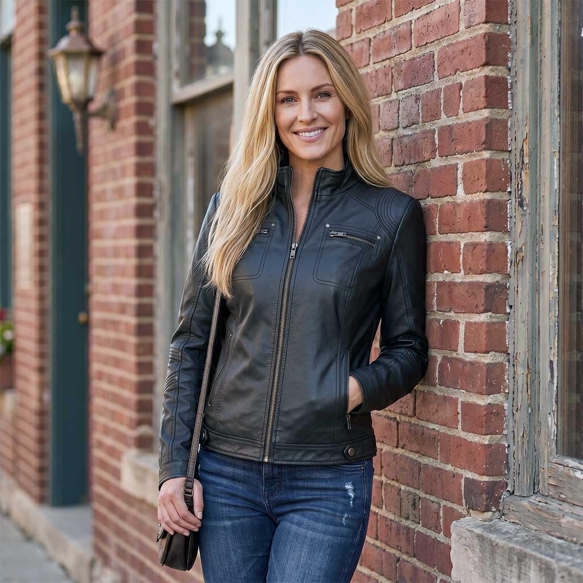 Milwaukee Leather SFL2801 Women's Racer Black Stand Up Collar Motorcycle Fashion Leather Jacket - Medium