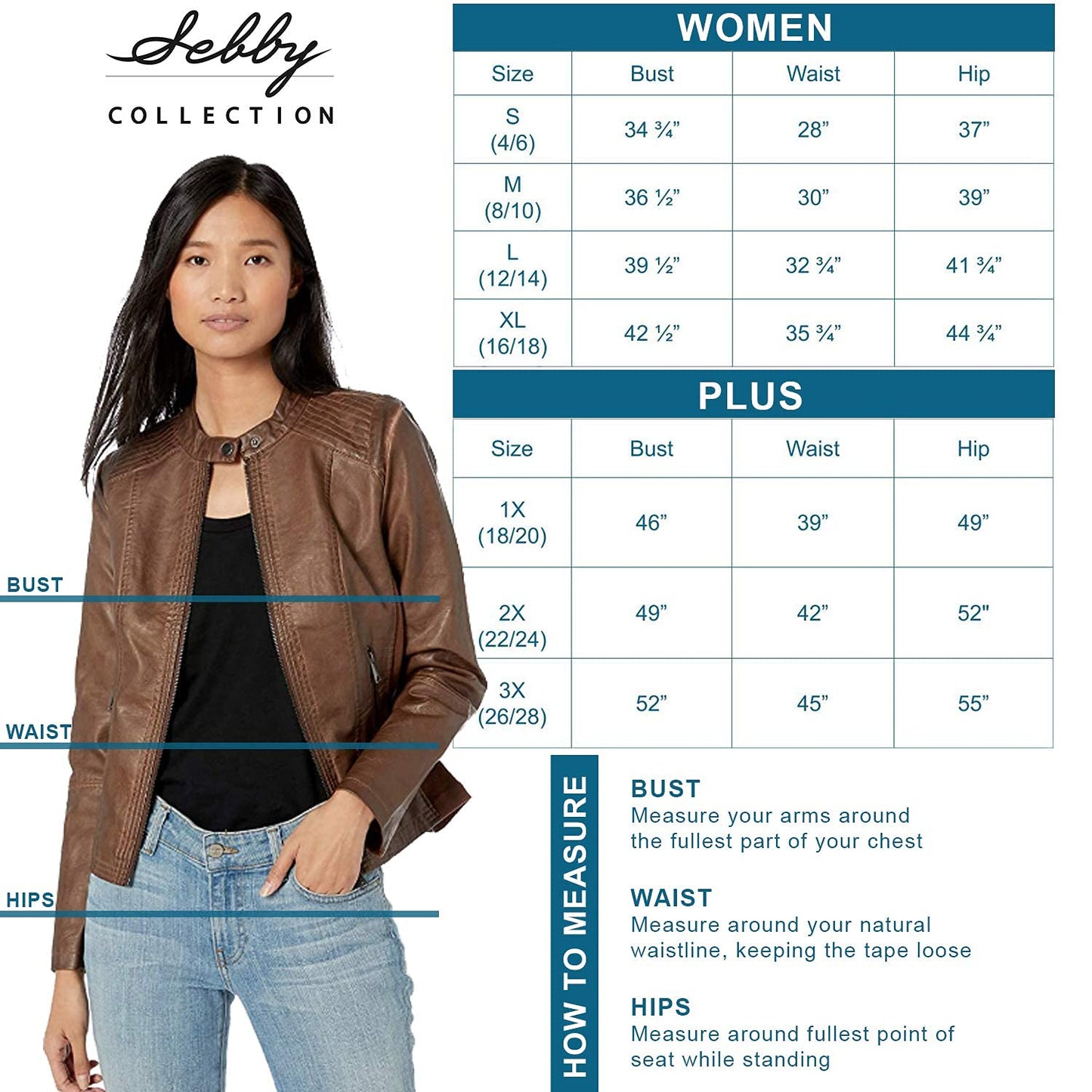 Sebby Collection Women's Faux Leather Jacket with Moto Details and Front Zip Pockets, Whiskey, Medium