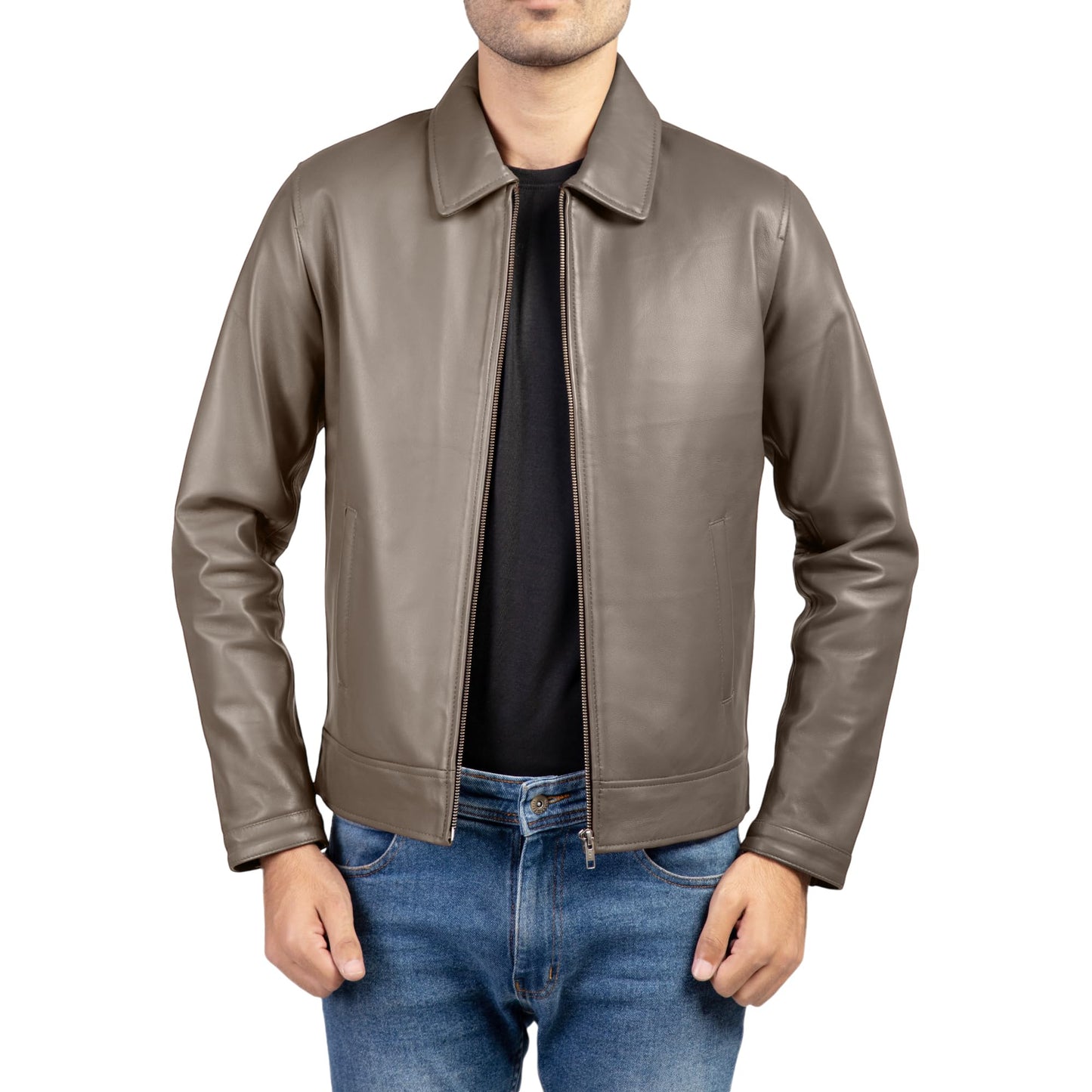 Jild Polo Collar Premium Leather Jacket Men - Old School Classic Style Everyday Wear Real Lambskin Mens Leather Jacket (Polo-Grey-M)