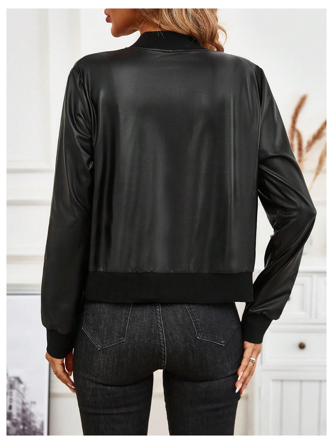 SHENHE Women's PU Leather Bomber Jacket Zip Up Lightweight Fall Casual Jacket Outerwear Black Medium