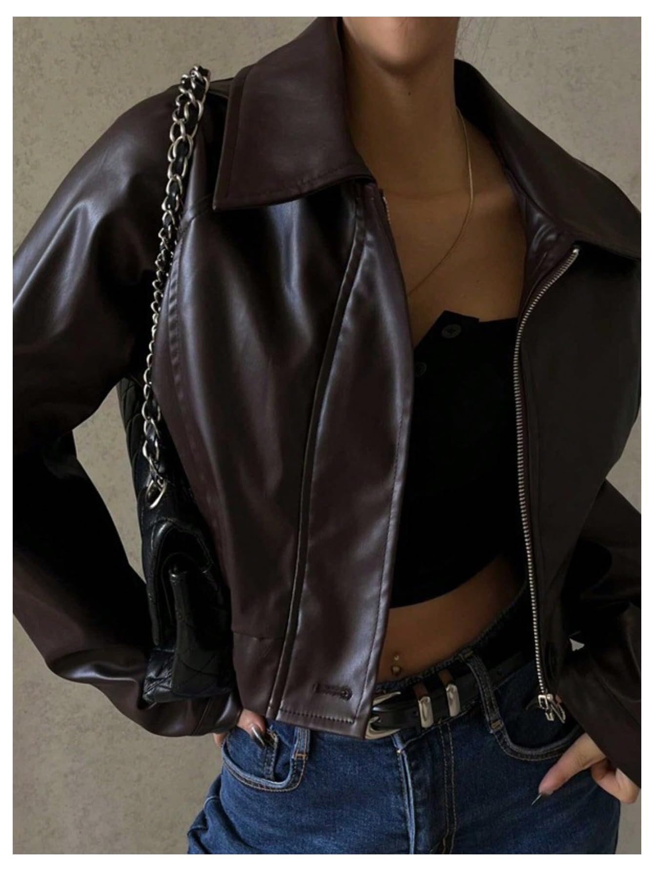 GORGLITTER Women's Leather Jacket Zip Up Cropped Motorcycle Biker Coat Trendy Spring Bomber Jackets Streetwear Brown Medium