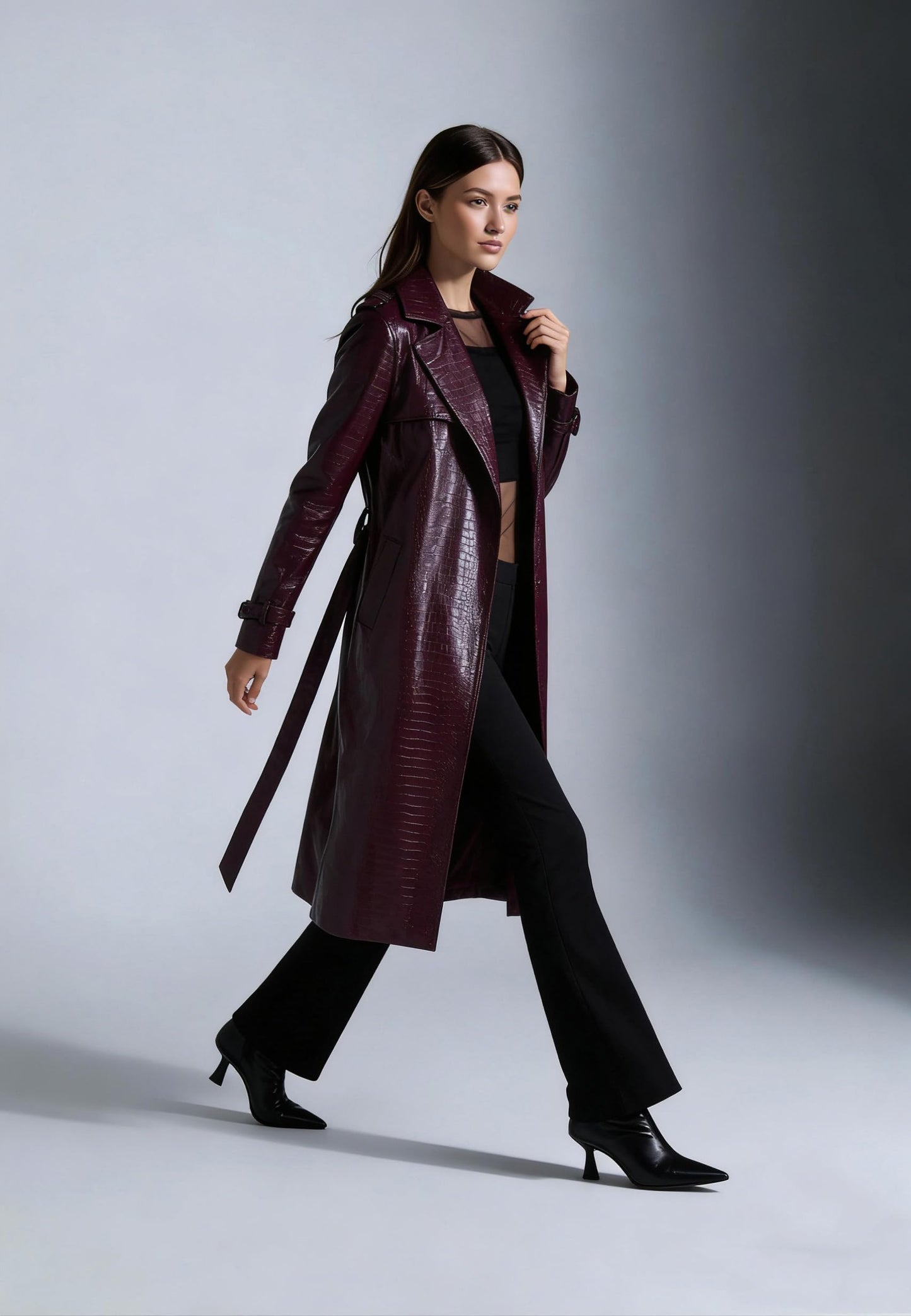 SS-Sunrise Fashion Womens Long Leather Jacket Burgundy Trench Coat Blazer Lapel Button Open Front Faux Motorcycle Jacket Coats with Belt (Medium, Wine Red)
