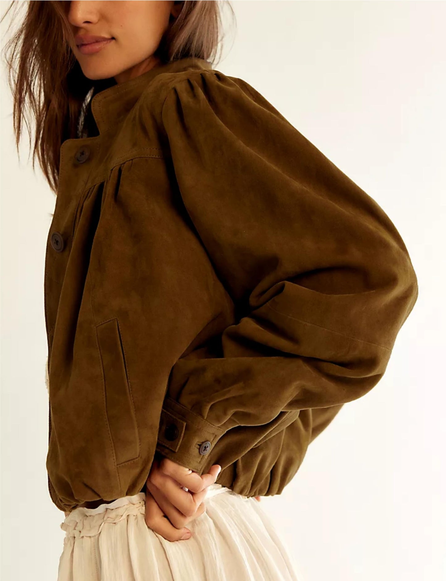 Wanzetaly Women's Faux Suede Jacket Casual Cropped Leather Coat with Pocket Button Bomber Jacket(0615-Brown-S)