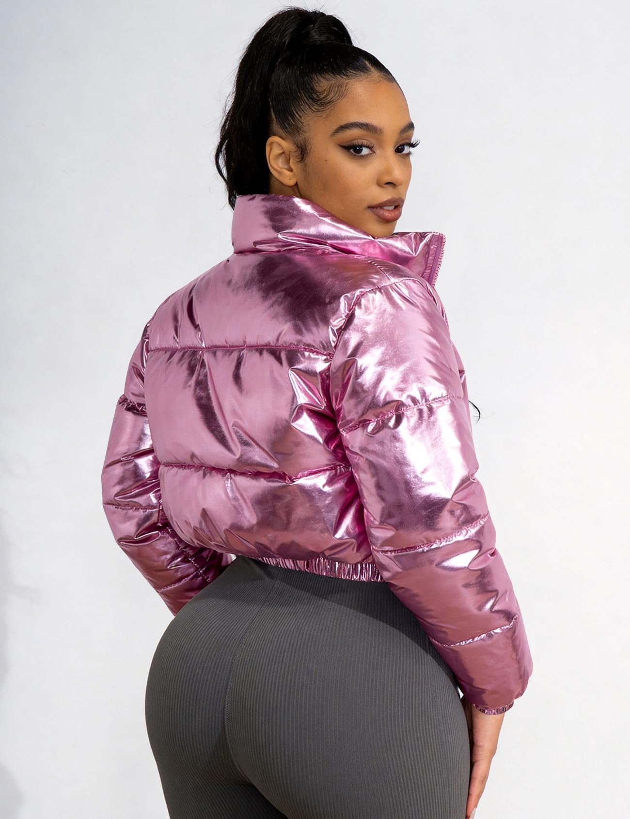 COZYPOIN Women's Metallic Shiny Cropped Puffer Jacket Long Sleeve y2k Zip Up Padded Down Short Coat Outerwear