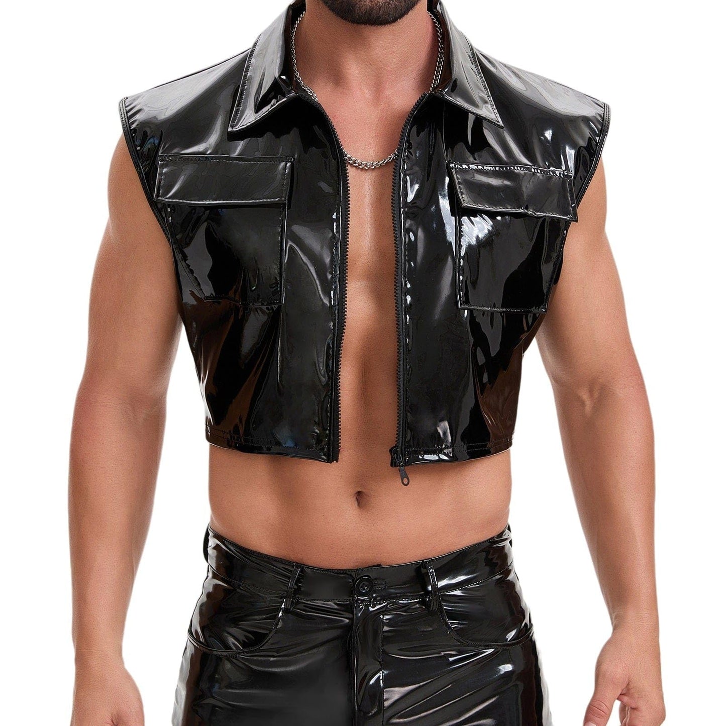 xokesy Mens Glossy Leather Cropped Tops, Sexy Zipper Lapel Shirt Sleeveless, Pocket Half Motorcycle Jacket Clubwear Black