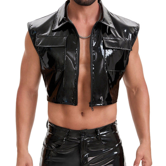 xokesy Mens Glossy Leather Cropped Tops, Sexy Zipper Lapel Shirt Sleeveless, Pocket Half Motorcycle Jacket Clubwear Black
